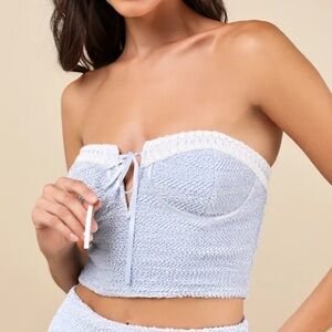 Lulus Light Blue Strapless Top with White Lace Trim